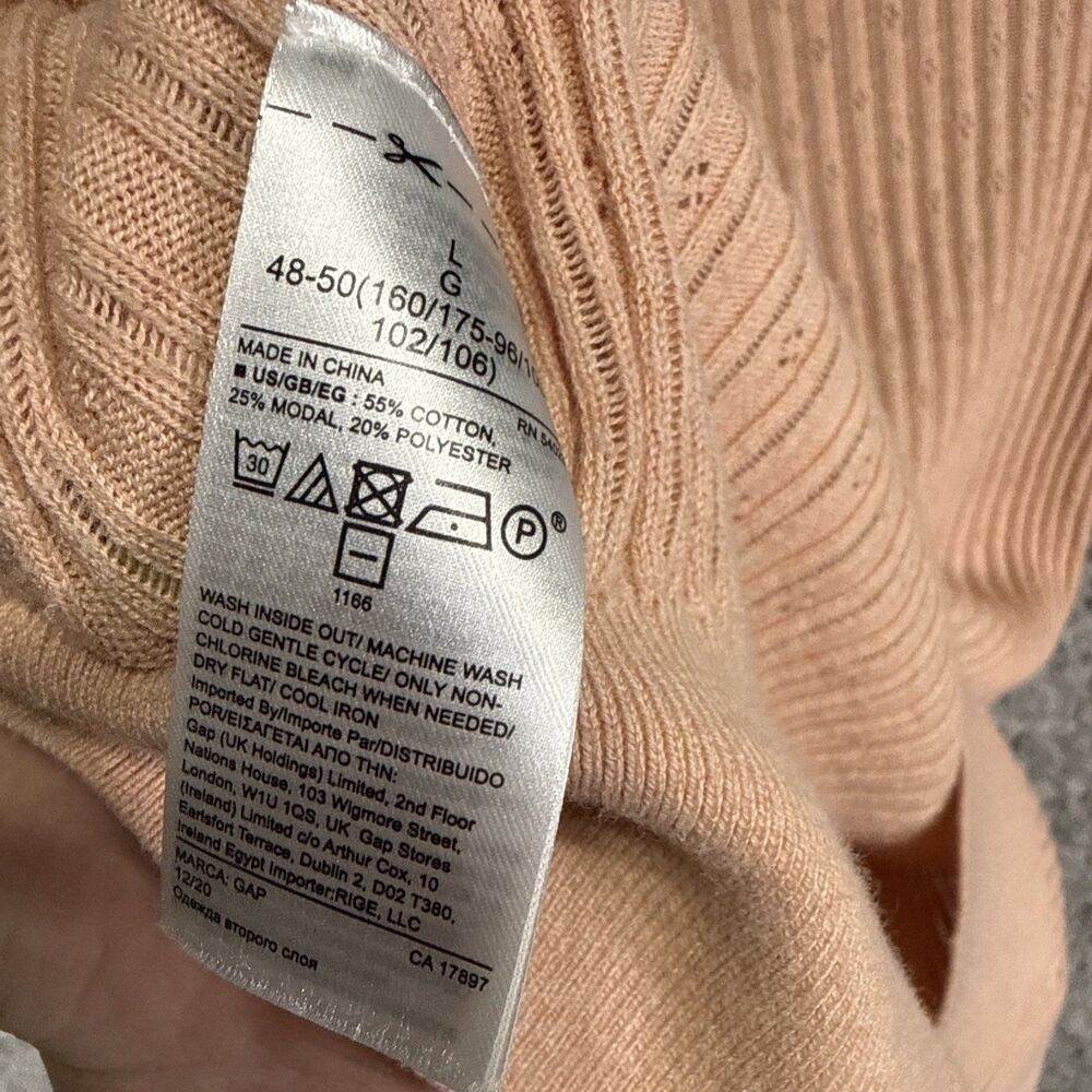 Gap Women’s Short Sleeve Pointelle Knit Sweater Ribbed Large Pastel Peach Pink - Picture 9 of 11